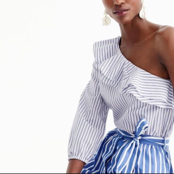 J. Crew One Shoulder Ruffle Striped Top Size 0 - Picture 1 of 5